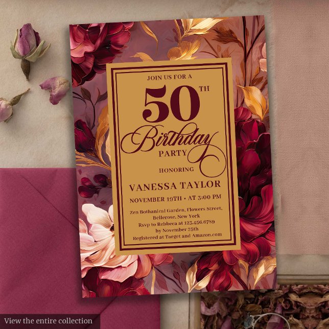 Convites Clássico vermelho esmagador ouro floral 50º aniver (Classic deep red blush gold floral 50th birthday invite

)