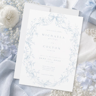 Convites Clássico Vintage Azul Poeirento Floral Coroa Casam