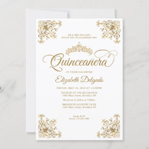 Convites Clássico Vintage Frame Dourado Branco Tiara Quince