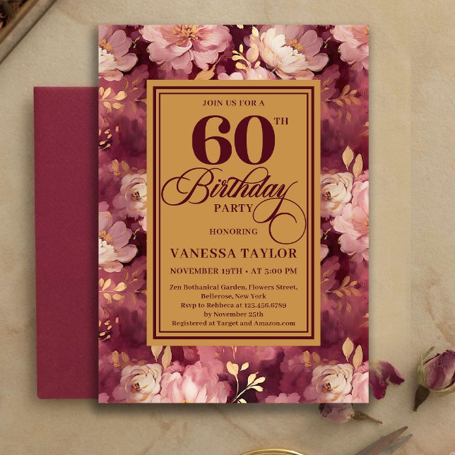 Convites Clássicos de 60º Aniversário Rosa Velho D (Classic 60th Birthday Deep Red Blush Gold Invitation)
