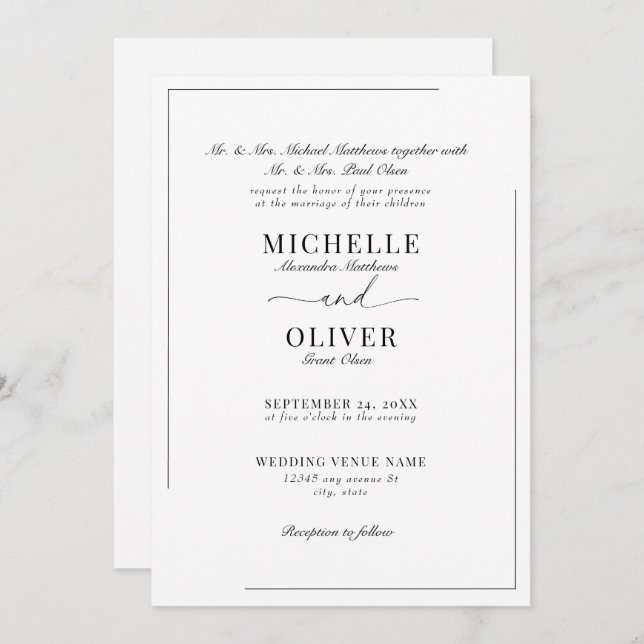 Convites Clássicos de Casamento Moderno da Caligra (Frente/Verso)