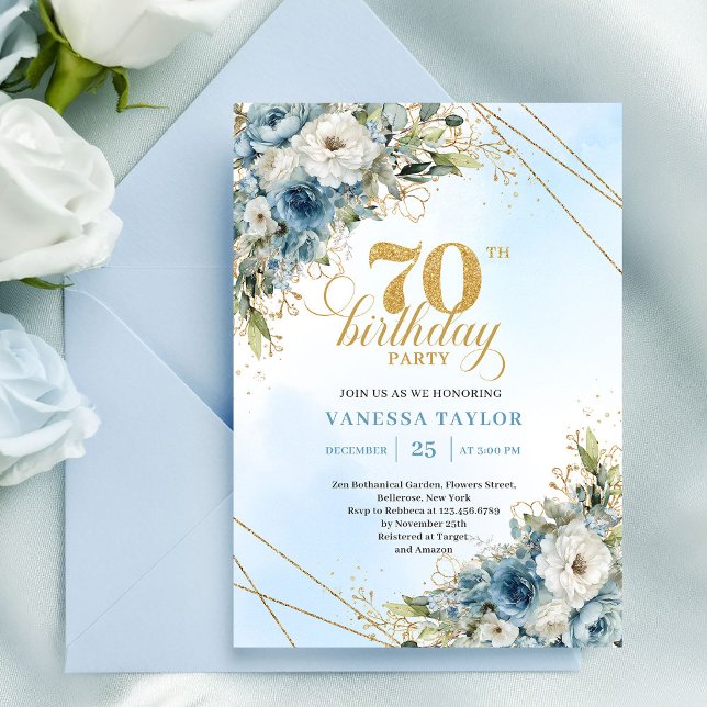 Convites Clássicos florais azuis boho eucalipto 70º anivers (Classic boho blue florals eucalyptus 70th birthday invite

)
