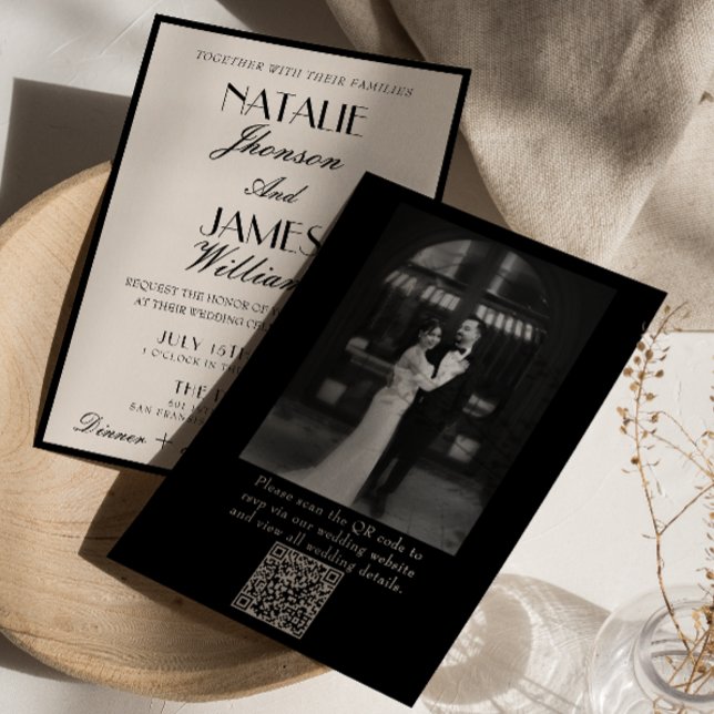Convites Classy Black White Old Money Photo QR Code Wedding (Criador carregado)