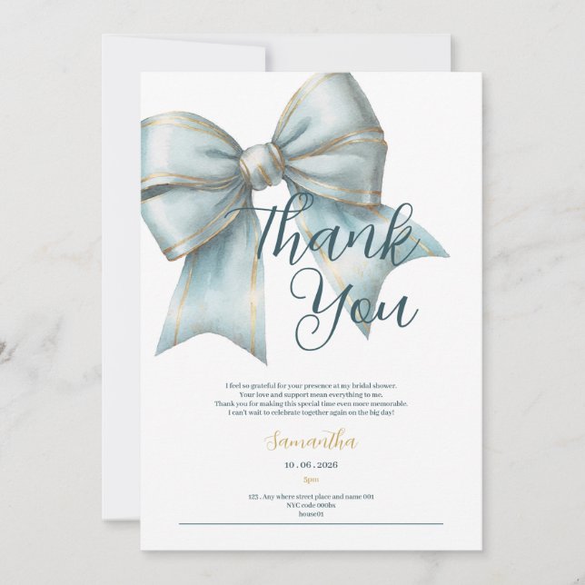 Convites classy blue bow bridal shower thank you card (Frente)