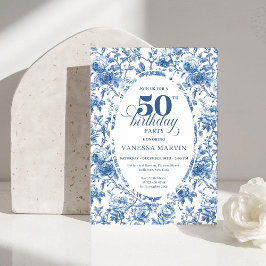 Convites Classy Blue Toile de Jouy Floral 50th Birthday 