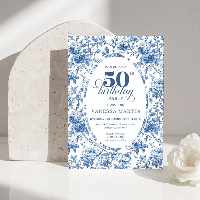 Convites Classy Blue Toile de Jouy Floral 50th Birthday  (Classy Blue Toile de Jouy Floral 50th Birthday Invite)