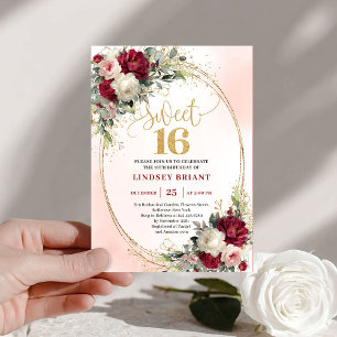 Convites Classy Boho Burgundy Blush Gold Floral Doce Anos