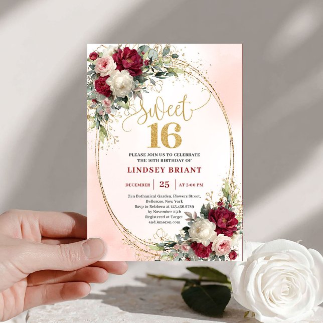 Convites Classy Boho Burgundy Blush Gold Floral Doce Anos (Classy Boho Burgundy Blush Gold Floral Sweet Sixteen)