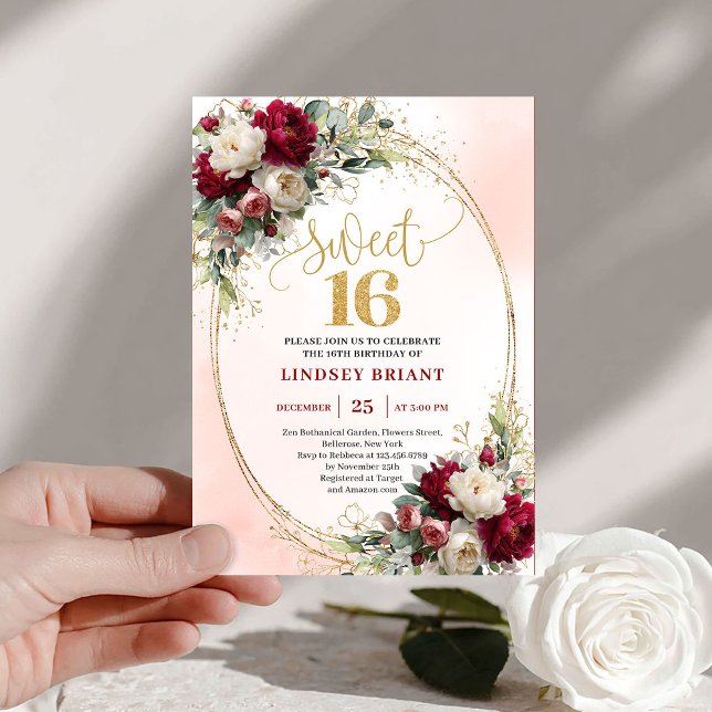 Convites Classy Boho Merlot Gold Floral Sweet Sixteen  (Classy Boho Merlot Gold Floral Sweet Sixteen Invite)