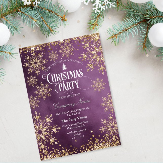 Convites Classy Chic Gold Glitter Corporate Christmas Party (gold glitter snowflakes on the purple background christmas party invitation)