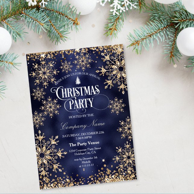 Convites Classy Chic Gold Glitter Corporate Christmas Party (gold glitter christmas tree on the navy blue background christmas party invitation)