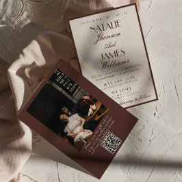 Convites Classy Chocolate Brown Fancy Photo QR Code Wedding