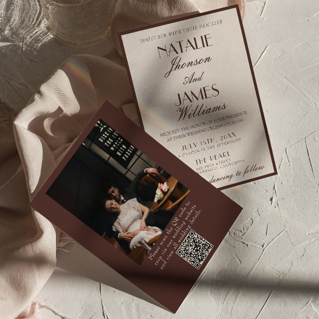 Convites Classy Chocolate Brown Fancy Photo QR Code Wedding (Criador carregado)
