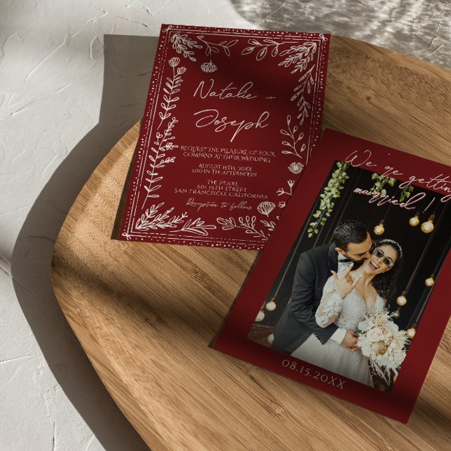 Convites Classy Deep Red Blue Floral Modern Photo Wedding  (Criador carregado)