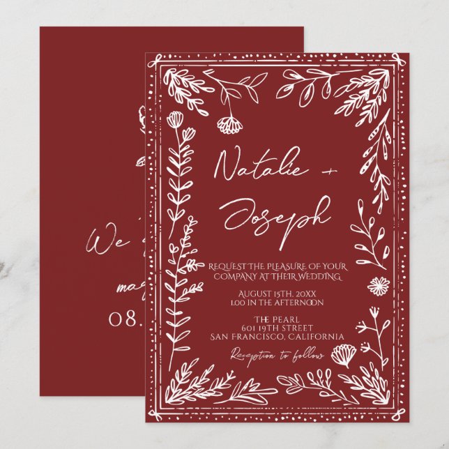 Convites Classy Deep Red Blue Floral Modern Wedding (Frente/Verso)