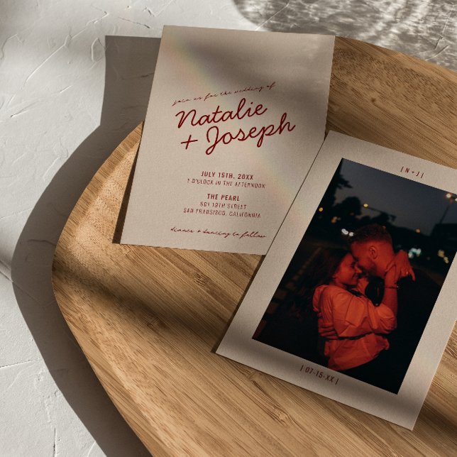 Convites Classy Deep Red Blue Whimsical Photo Wedding (Criador carregado)