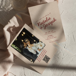 Convites Classy Deep Red Whimsical QR Code Photo Wedding