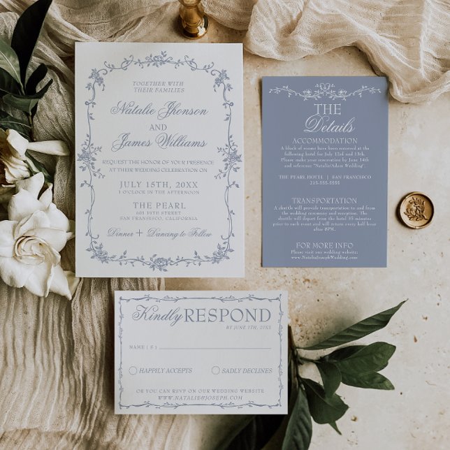 Convites Classy Dusty Blue Floral Boho Botanical Wedding (Criador carregado)