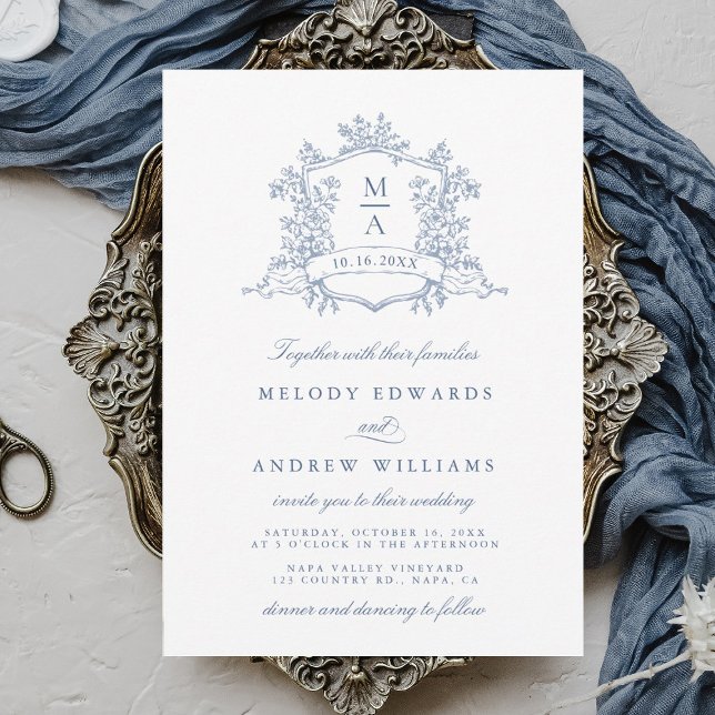 Convites Classy Dusty Blue Floral Crest Wedding (Criador carregado)