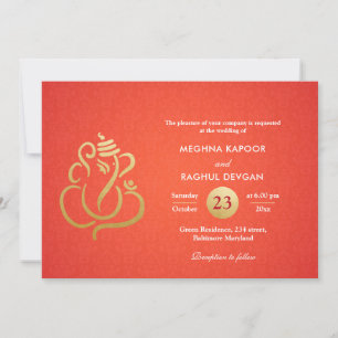 Convites Classy Faux Gold Foil Ganesha Indian Red Damask