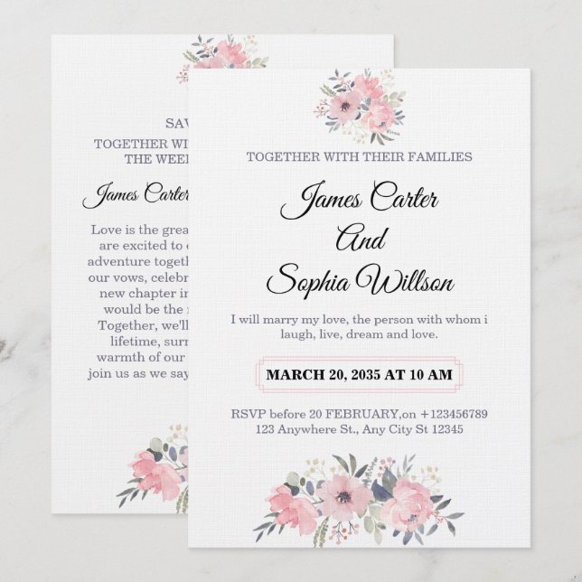 Convites Classy Floral Wedding Invitation elegant card (Frente/Verso)