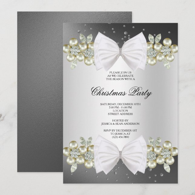 Convites Classy Gems & Bow Natal Preto (Frente/Verso)