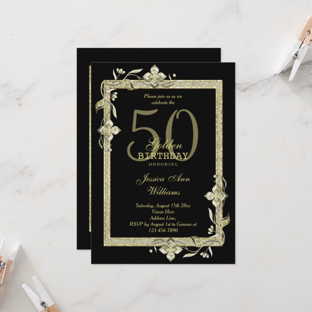Convites Classy Gold Gem & Glitter 50th Golden Birthday  (Frente/Verso In Situ)