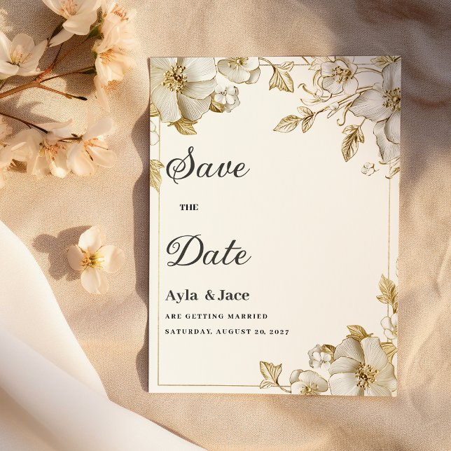 Convites Classy luxury white and gold floral Save the Date (Classy luxury white and gold floral Save the Date)