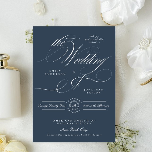 Convites Classy Navy Blue Elegant Calligraphy Wedding (Criador carregado)