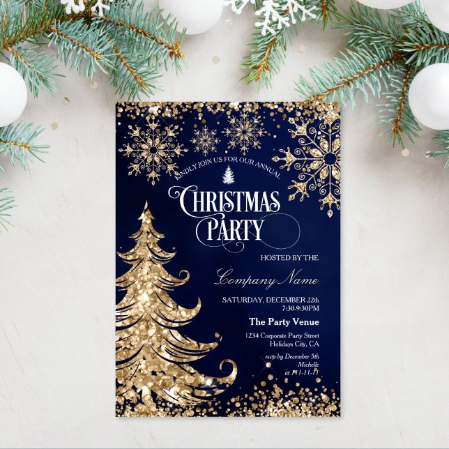 Convites Classy Navy Gold Glitter Corporate Christmas Party (elegant christmas party invitation with gold glitter christmas tree on the navy background)