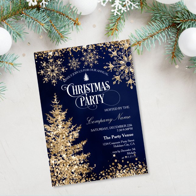 Convites Classy Navy Gold Glitter Corporate Christmas Party (gold glitter christmas tree on the navy blue background christmas party invitation)