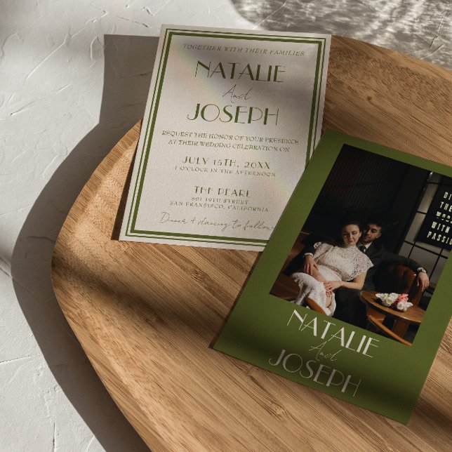 Convites Classy Old Money Olive Green Luxury Photo Wedding (Criador carregado)