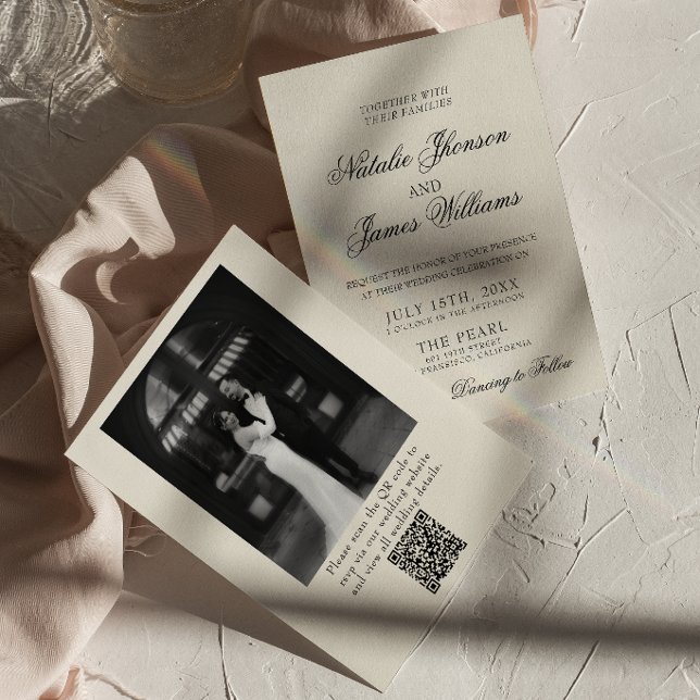 Convites Classy Old Money Retro Photo QR Code Wedding (Criador carregado)