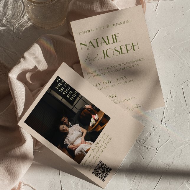 Convites Classy Olive Green Old Money Photo QR Code Wedding (Criador carregado)