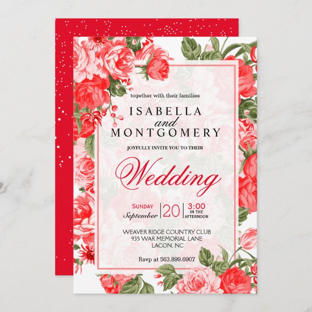 Convites Classy Red Floral Wedding (Frente/Verso)
