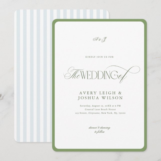 Convites Classy Sage Green & Blue Stripes Coastal Wedding (Frente/Verso)