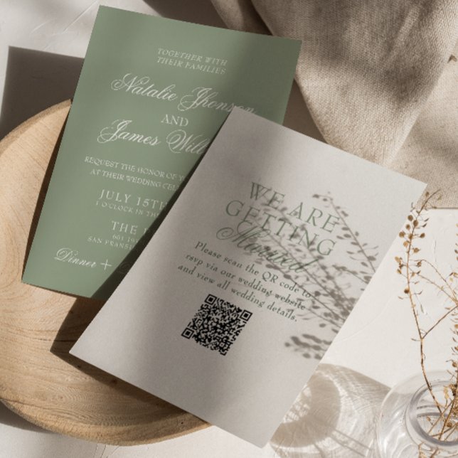 Convites Classy Sage Green Boho Modern QR Code Wedding (Criador carregado)