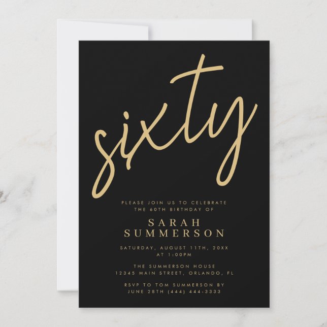Convites Classy Script Sixty Black Gold 60th Birthday Party (Frente)
