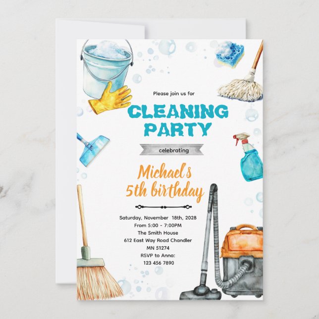 Convites Cleaning birthday party invite (Frente)