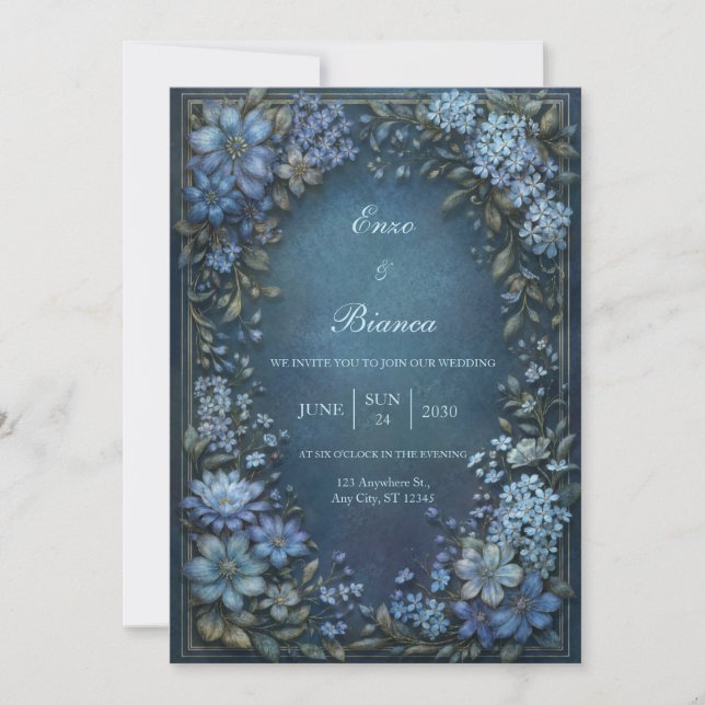 Convites Clematite Azul Meia-Noite com Borda Dourada Casame (Frente)