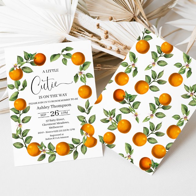 Convites Clementine Orange Wreath Little Cutie Chá de frald (Little Cutie is on the Way Baby Shower Invitation Template, Clementine Baby Shower Invite, Oranges)