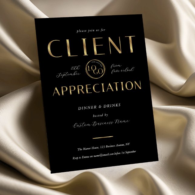 Convites Client Appreciation Day Black & Gold Logo Company (Criador carregado)
