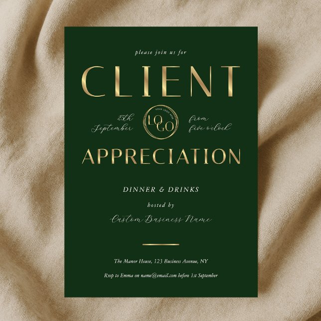 Convites Client Appreciation Day Green & Gold Logo Company (Criador carregado)