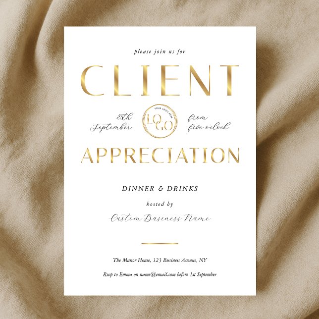 Convites Client Appreciation Day White & Gold Logo Company (Criador carregado)