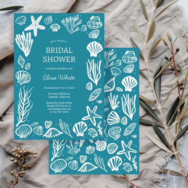 Convites CLIENTE de Teal Beach do Frame Chá de panela (Seashells Frame Bridal Shower Teal Beach CUSTOM Invitation
)