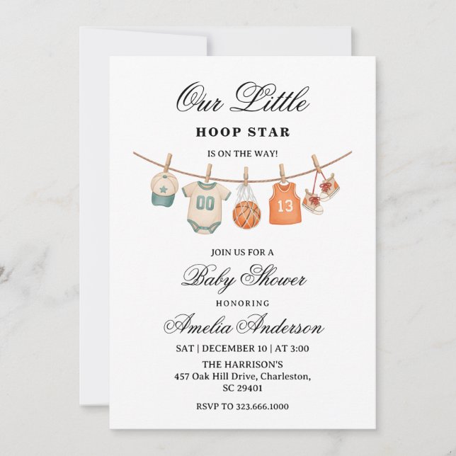 Convites Clothesline Basketball baby shower invitation  (Frente)