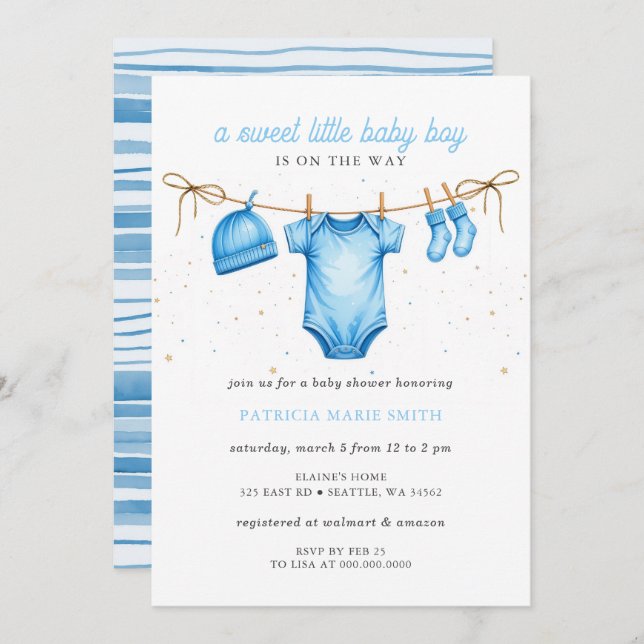 Convites Clothesline Blue Boy Baby Shower (Frente/Verso)
