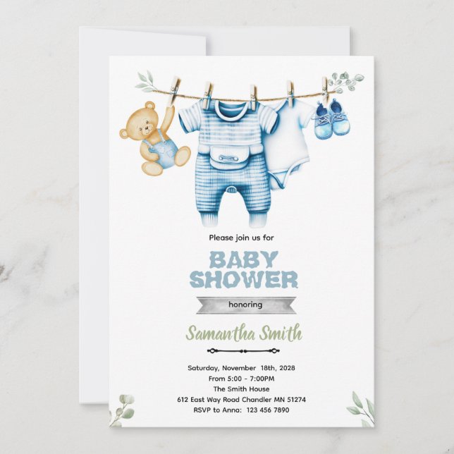 Convites Clothesline boy baby shower invitation (Frente)