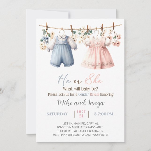 Convites Clothesline gender reveal invitation, flowers. (Frente)