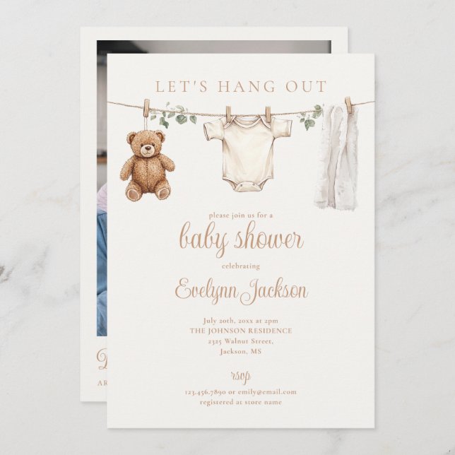 Convites Clothesline Neutral Baby Shower Photo QR Code (Frente/Verso)